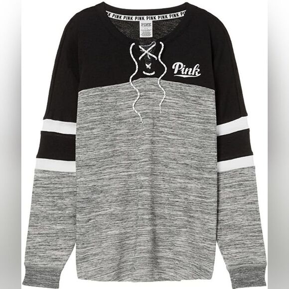 Victoria's Secret Pink Lace Up Varsity Crew Sweatshirt Marl Gray Black - Picture 1 of 16